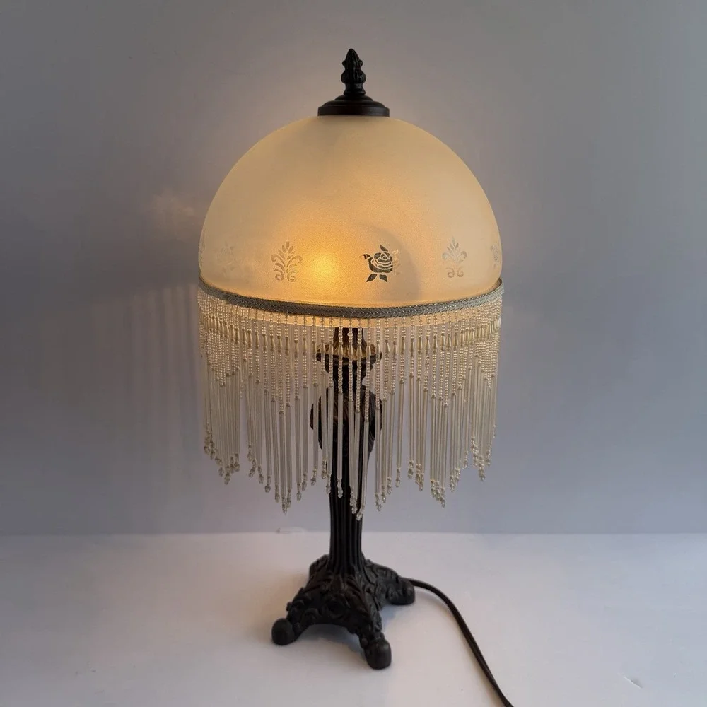Art Deco Style Lamp Beaded Fringe Frosted Glass Shade VTG Victorian Rose Boudoir